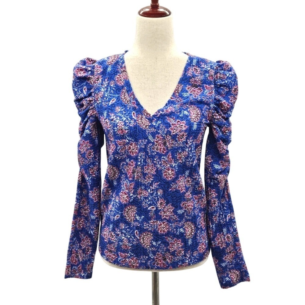 LOFT Floral Ruched Sleeve V-Neck‎ Blouse Top Romantic Bohemian